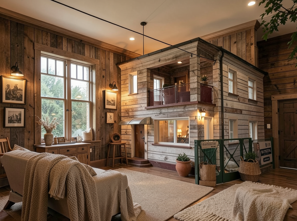 Main redesign studio: Redesign this room in a Farmhouse interior style: shiplap walls, warm reclaimed wood, matte-black fixtures, cozy neutral textiles, vintage accents, so