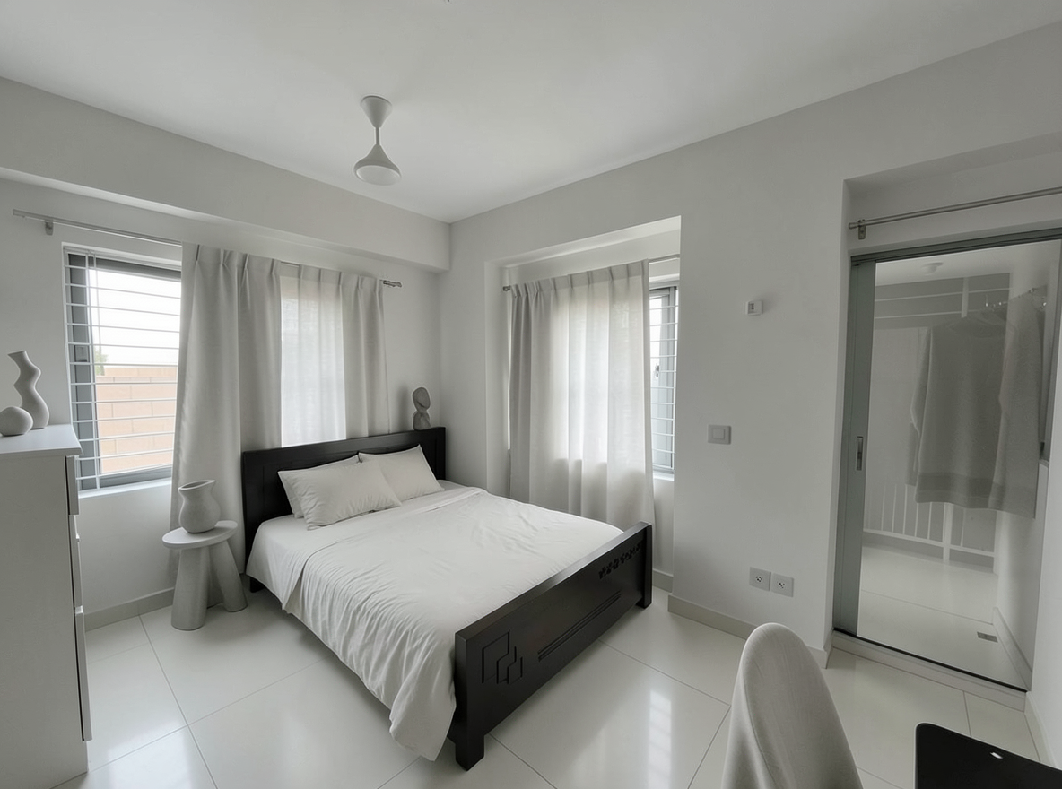 Main redesign studio: Redesign this room in a Minimalist interior style: an uncluttered space, a monochrome neutral palette, a few sculptural pieces, concealed storage, sof