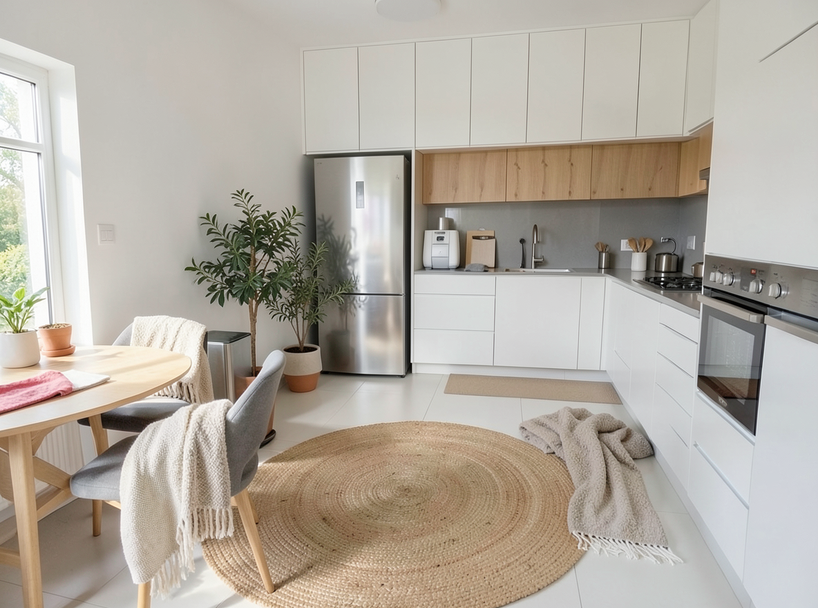 Main redesign studio: Redesign this room in a Scandinavian interior style: light oak wood, a white and soft-grey palette, wool and linen textiles, a woven jute rug, leafy p