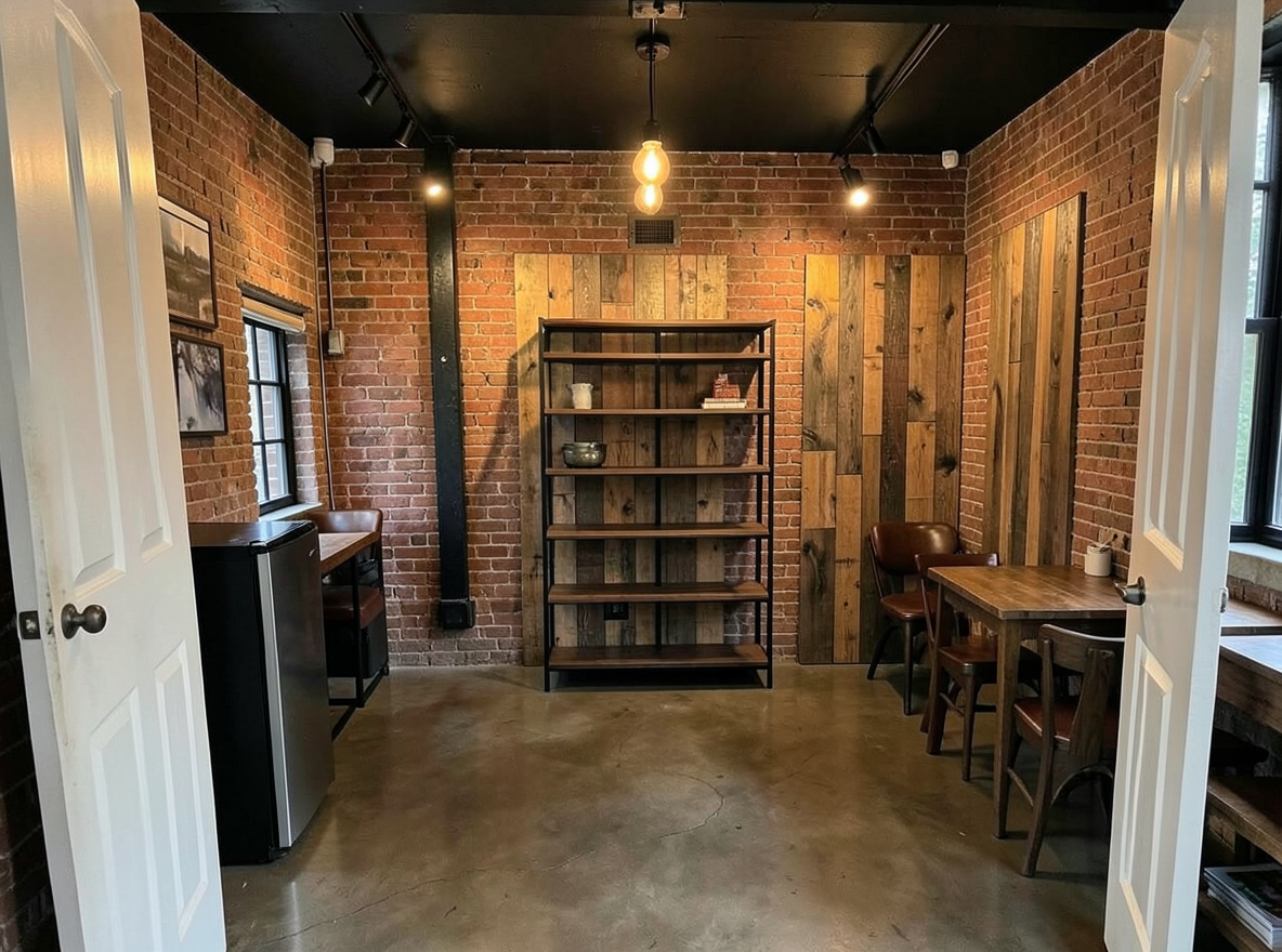 Main redesign studio: Redesign this room in a Industrial interior style: exposed-brick walls, black steel and reclaimed-wood furniture, polished concrete floor, leather acc