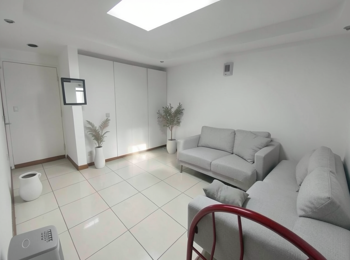 Main redesign studio: Redesign this room in a Minimalist interior style: an uncluttered space, a monochrome neutral palette, a few sculptural pieces, concealed storage, sof