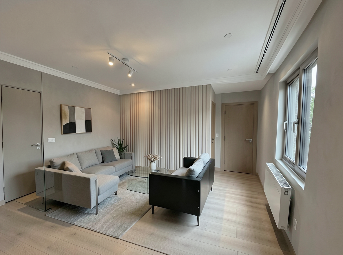 Main redesign studio: Redesign this room in a Modern interior style: clean lines, a neutral palette with bold accents, sleek low-profile furniture, glass and matte-metal su