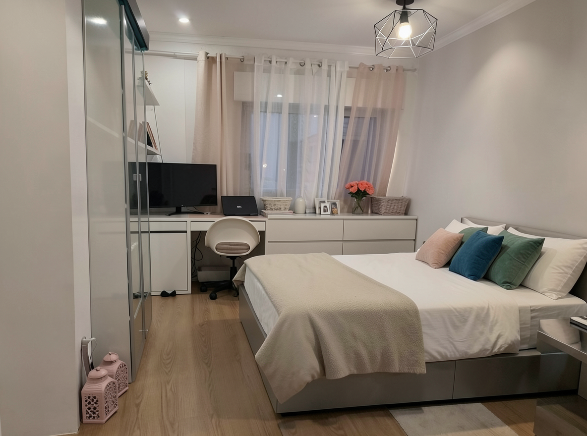 Main redesign studio: Redesign this room in a Modern interior style: clean lines, a neutral palette with bold accents, sleek low-profile furniture, glass and matte-metal su