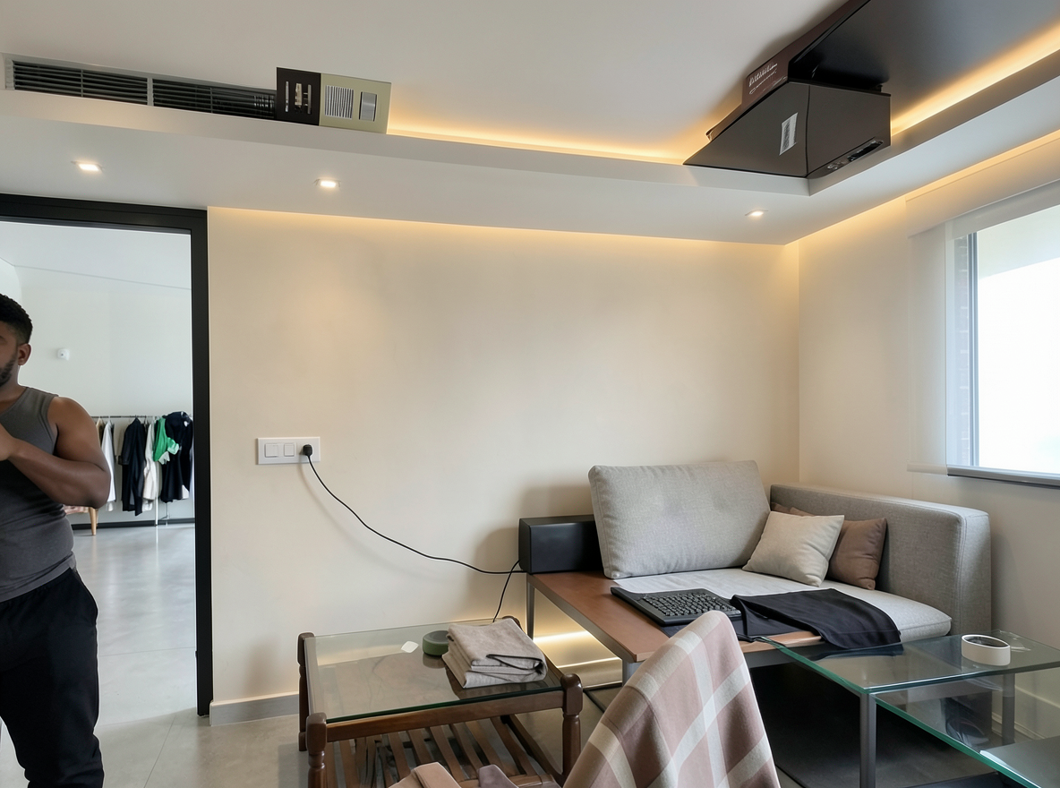 Main redesign studio: Redesign this room in a Modern interior style: clean lines, a neutral palette with bold accents, sleek low-profile furniture, glass and matte-metal su