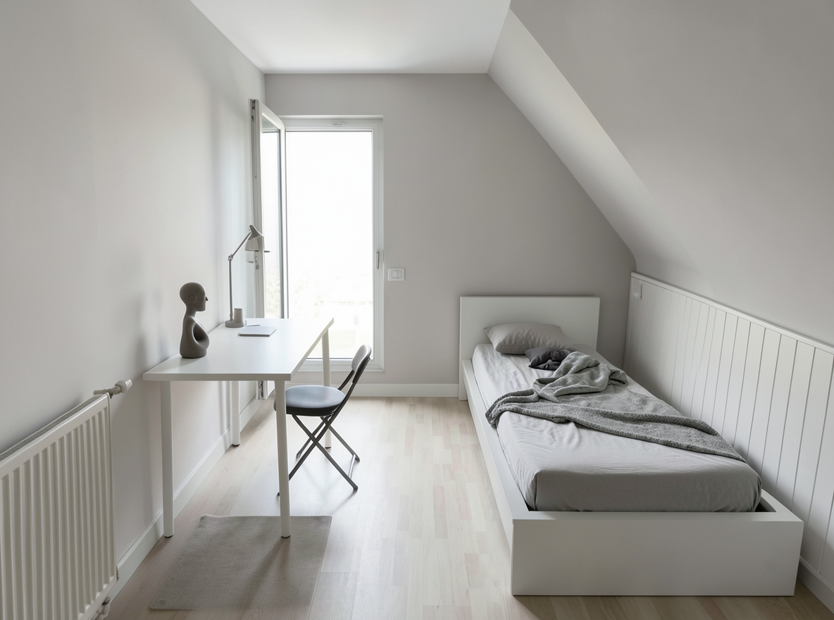 Main redesign studio: Redesign this room in a Minimalist interior style: an uncluttered space, a monochrome neutral palette, a few sculptural pieces, concealed storage, sof