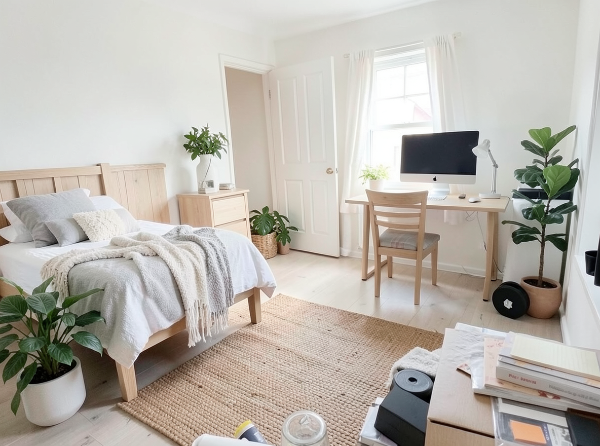 Main redesign studio: Redesign this room in a Scandinavian interior style: light oak wood, a white and soft-grey palette, wool and linen textiles, a woven jute rug, leafy p
