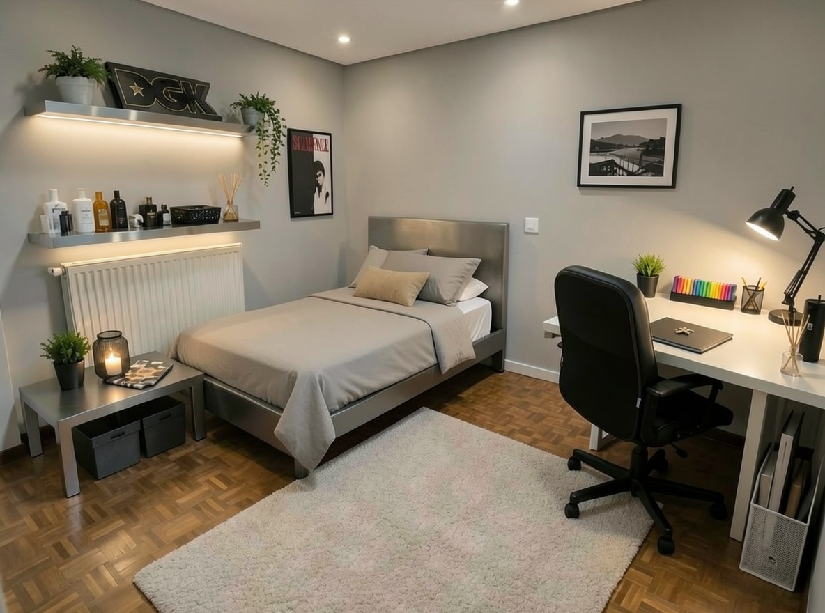 Main redesign studio: Redesign this room in a Modern interior style: clean lines, a neutral palette with bold accents, sleek low-profile furniture, glass and matte-metal su
