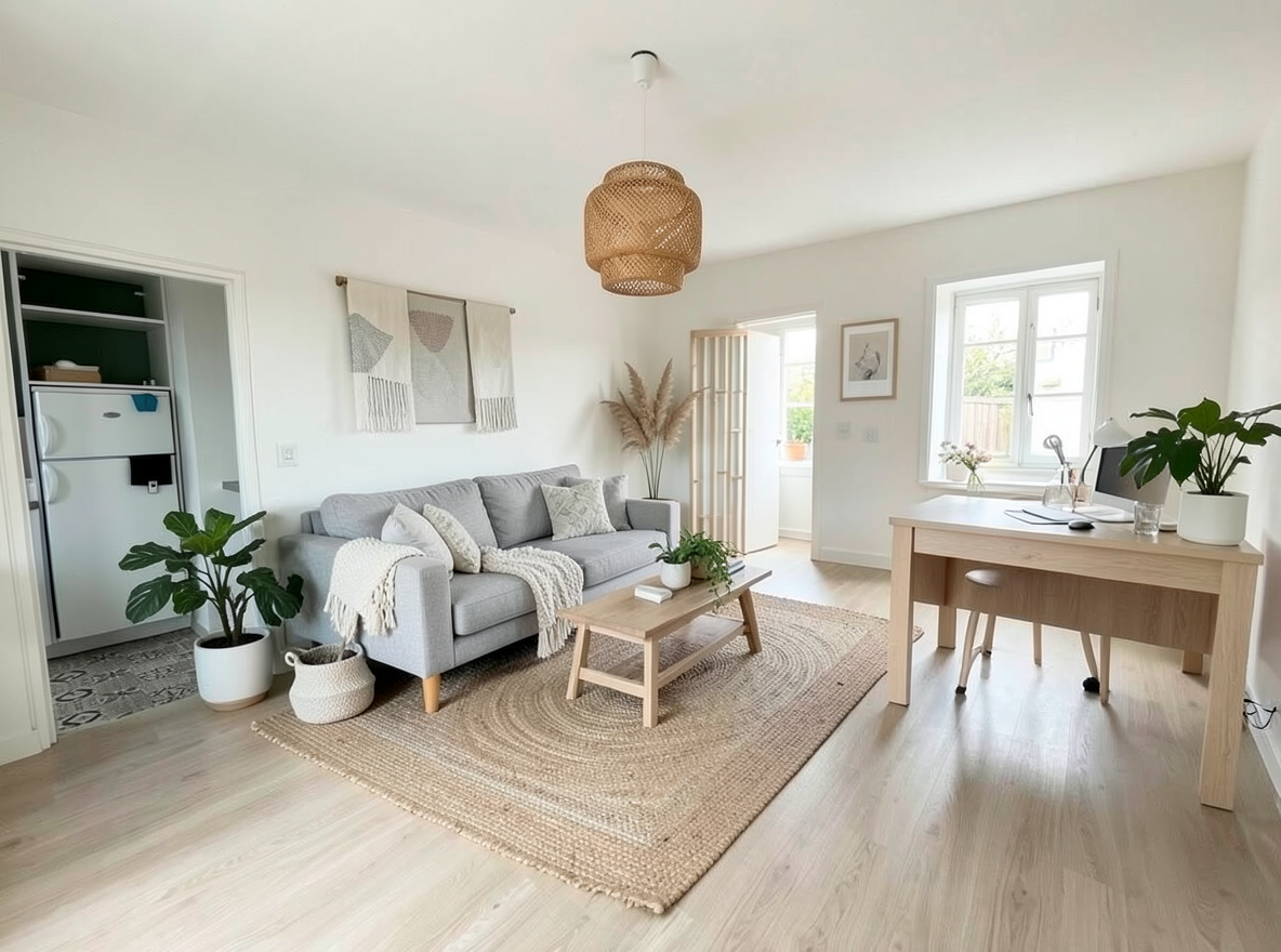 Main redesign studio: Redesign this room in a Scandinavian interior style: light oak wood, a white and soft-grey palette, wool and linen textiles, a woven jute rug, leafy p