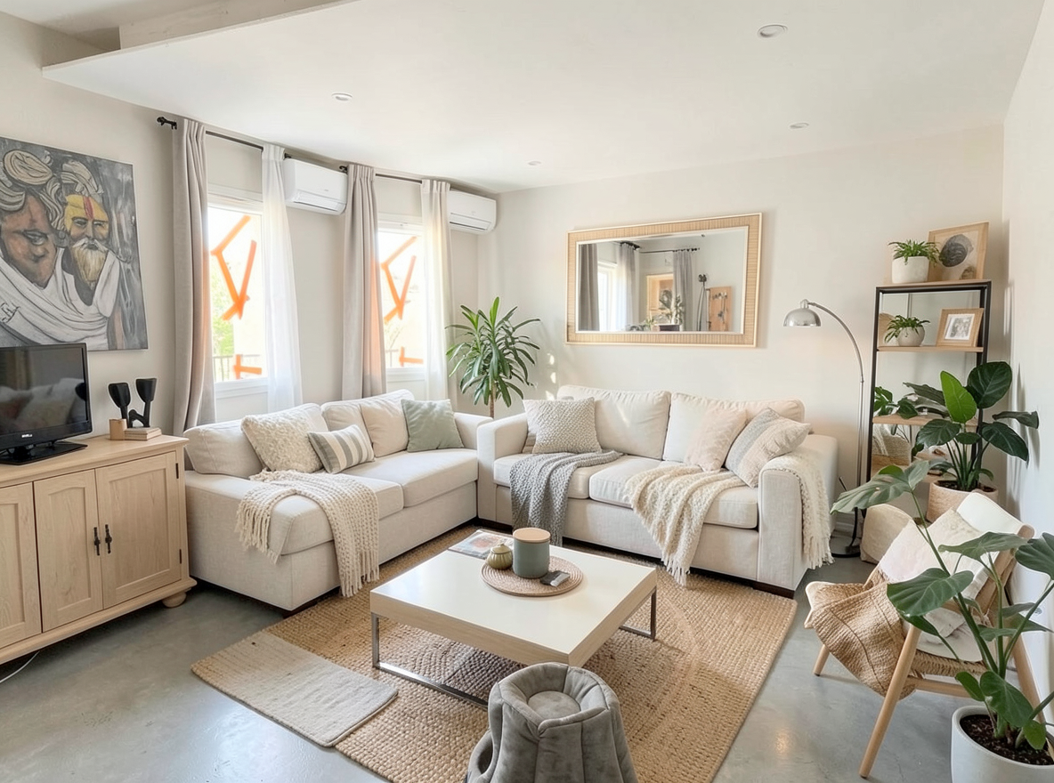 Main redesign studio: Redesign this room in a Scandinavian interior style: light oak wood, a white and soft-grey palette, wool and linen textiles, a woven jute rug, leafy p