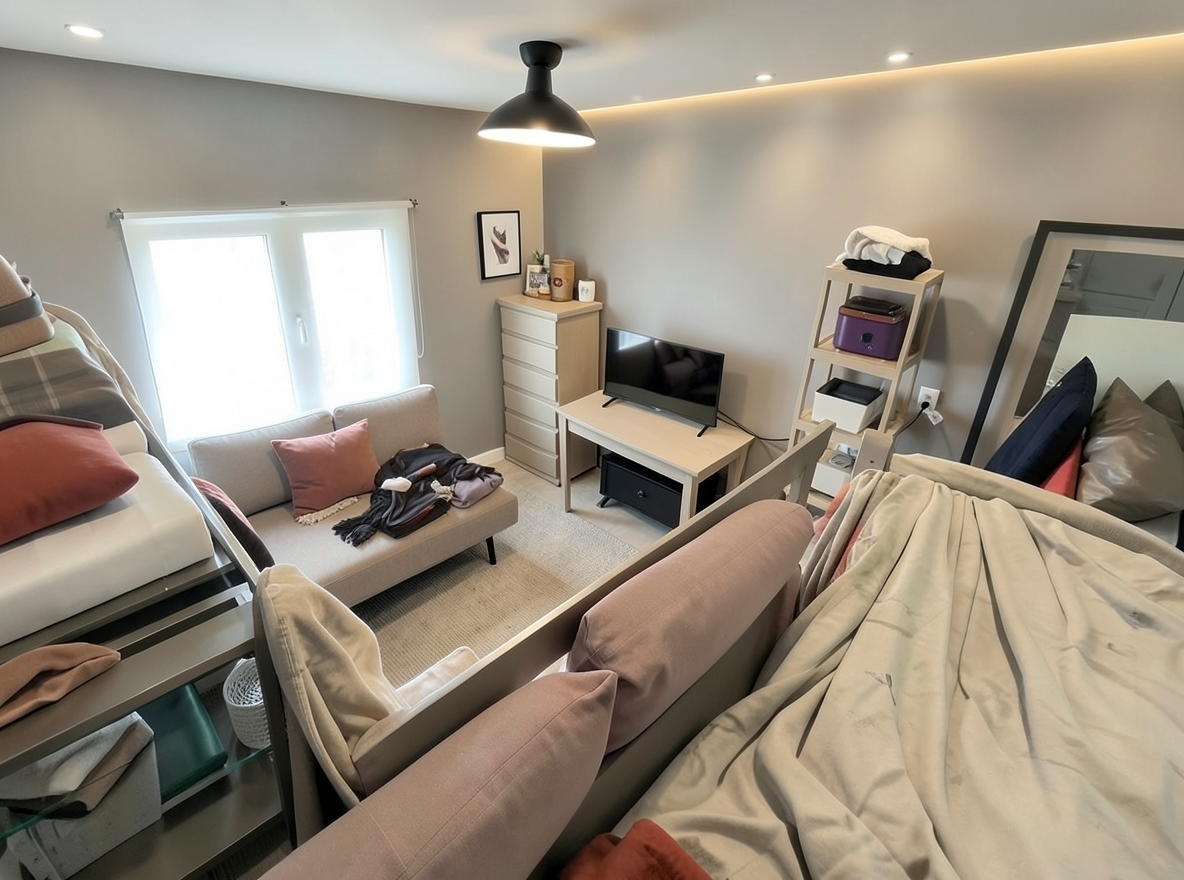 Main redesign studio: Redesign this room in a Modern interior style: clean lines, a neutral palette with bold accents, sleek low-profile furniture, glass and matte-metal su