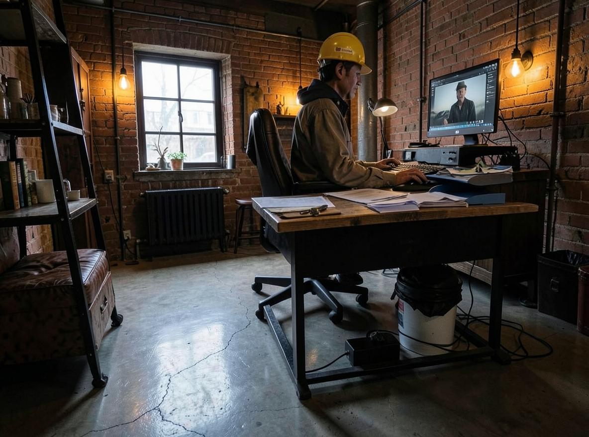Main redesign studio: Redesign this room in a Industrial interior style: exposed-brick walls, black steel and reclaimed-wood furniture, polished concrete floor, leather acc