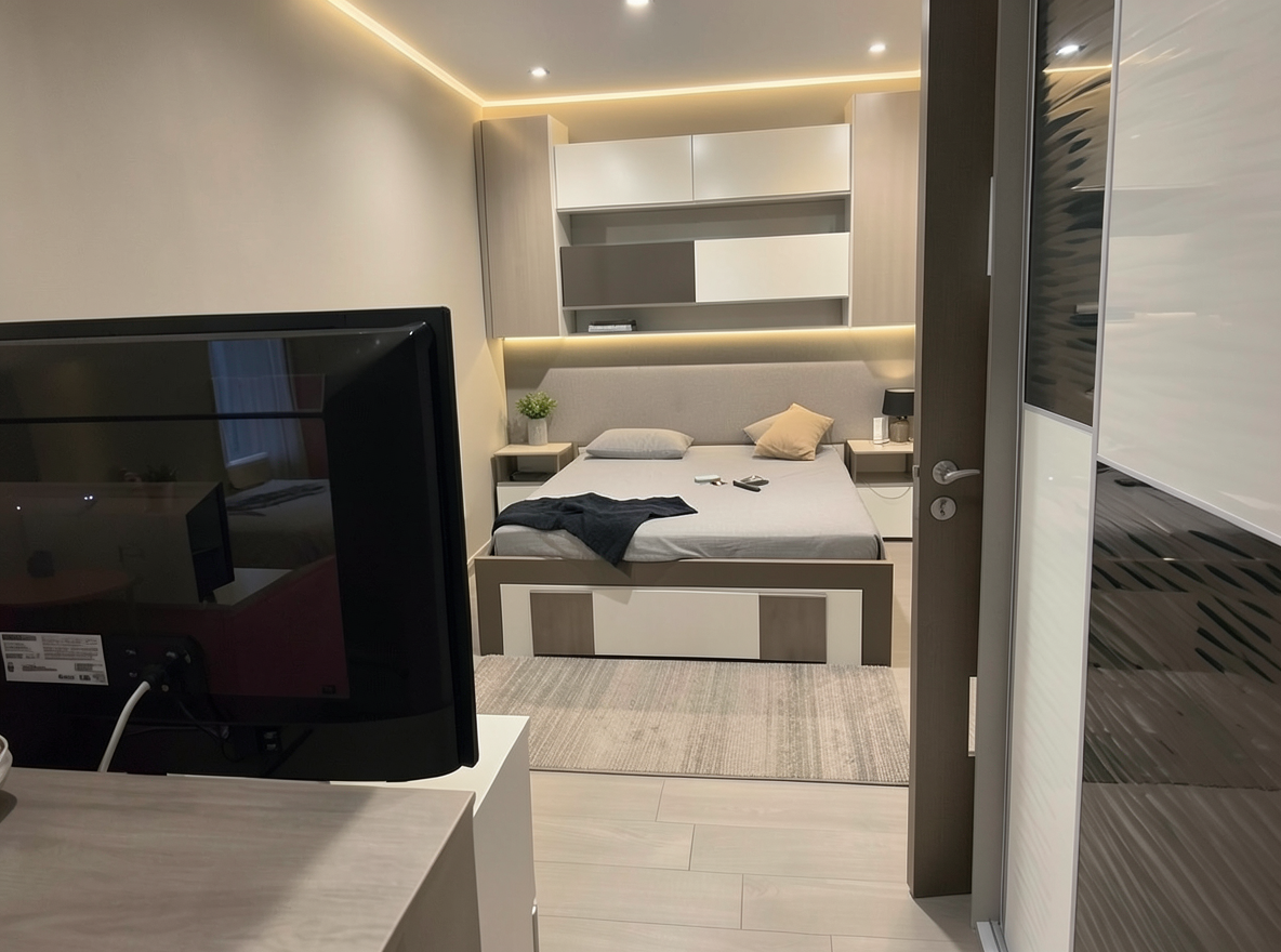 Main redesign studio: Redesign this room in a Modern interior style: clean lines, a neutral palette with bold accents, sleek low-profile furniture, glass and matte-metal su