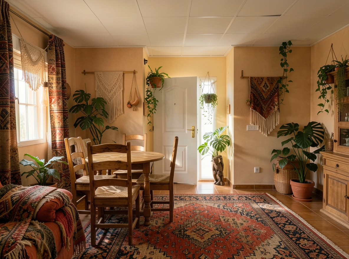 Main redesign studio: Redesign this room in a Boho interior style: layered patterned textiles, rattan and macramé, terracotta and warm earthy tones, abundant plants, vintag