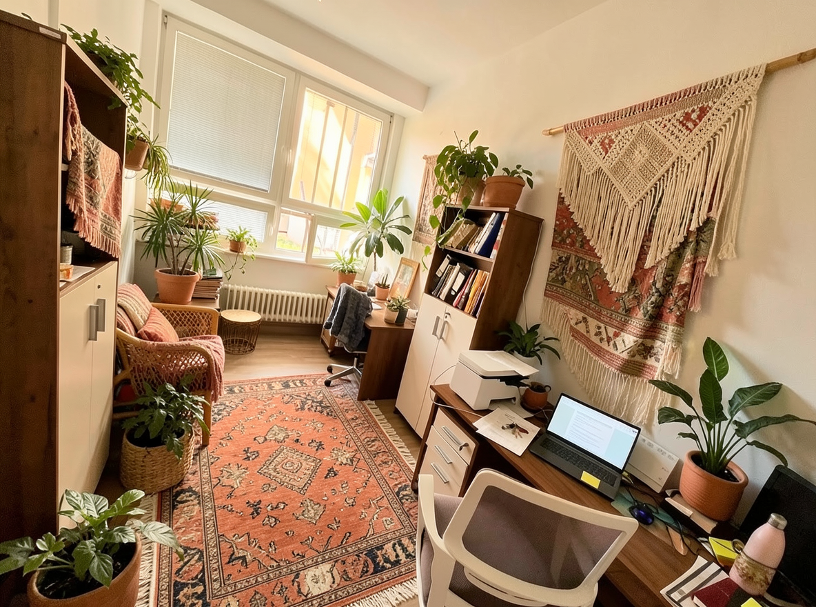 Main redesign studio: Redesign this room in a Boho interior style: layered patterned textiles, rattan and macramé, terracotta and warm earthy tones, abundant plants, vintag