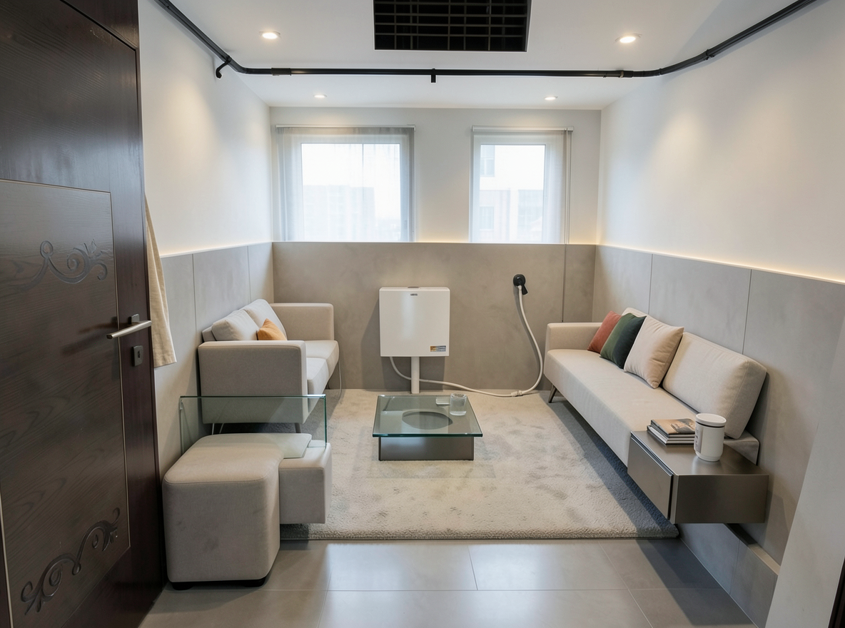 Main redesign studio: Redesign this room in a Modern interior style: clean lines, a neutral palette with bold accents, sleek low-profile furniture, glass and matte-metal su
