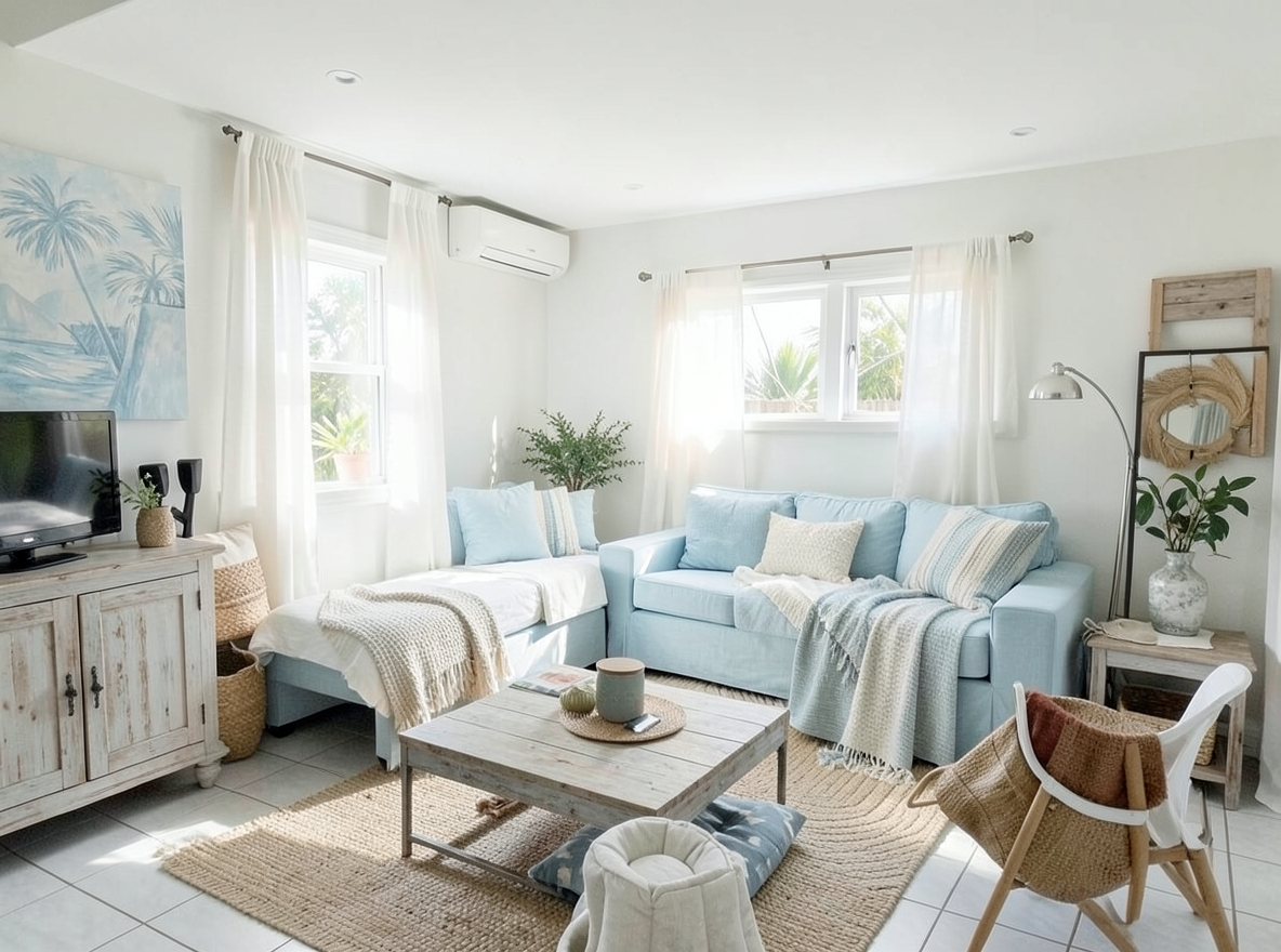 Main redesign studio: Redesign this room in a Coastal interior style: airy whites and soft-blue tones, weathered light wood, natural linen and woven textures, breezy sheer