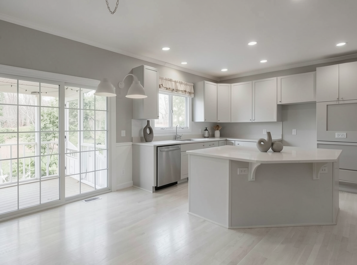 Main redesign studio: Redesign this room in a Minimalist interior style: an uncluttered space, a monochrome neutral palette, a few sculptural pieces, concealed storage, sof