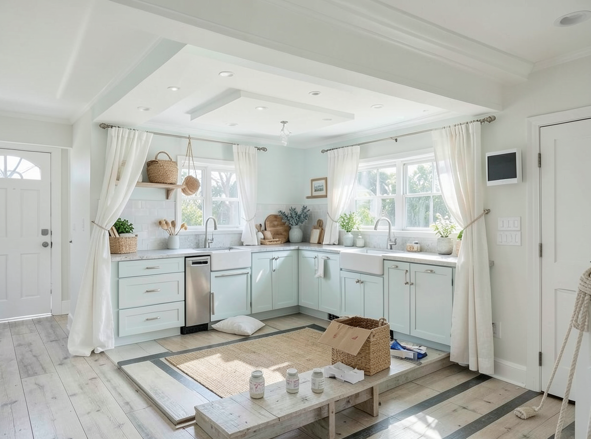 Main redesign studio: Redesign this room in a Coastal interior style: airy whites and soft-blue tones, weathered light wood, natural linen and woven textures, breezy sheer