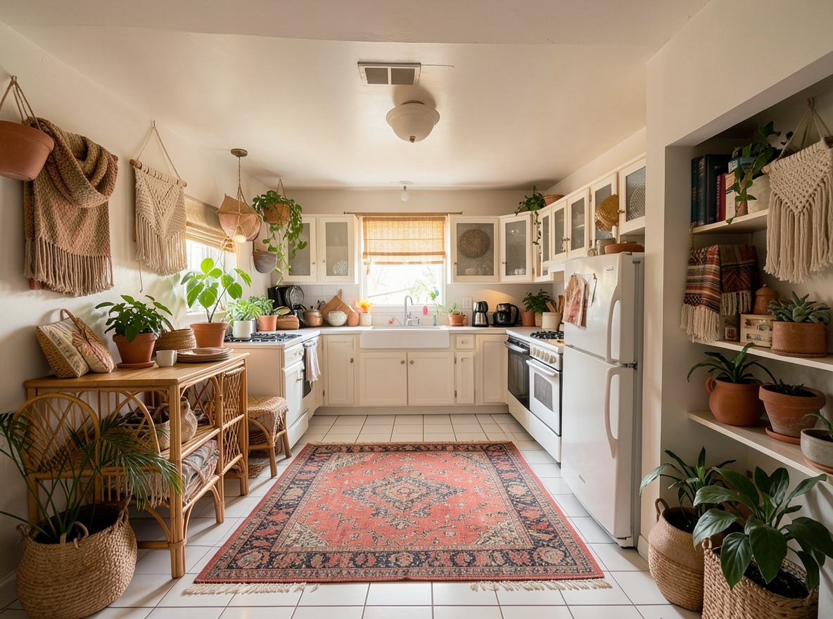 Main redesign studio: Redesign this room in a Boho interior style: layered patterned textiles, rattan and macramé, terracotta and warm earthy tones, abundant plants, vintag