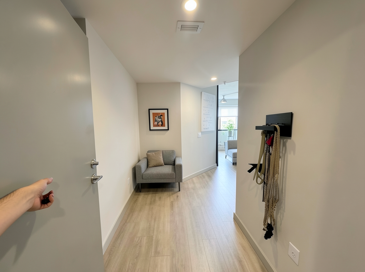 Main redesign studio: Redesign this room in a Modern interior style: clean lines, a neutral palette with bold accents, sleek low-profile furniture, glass and matte-metal su