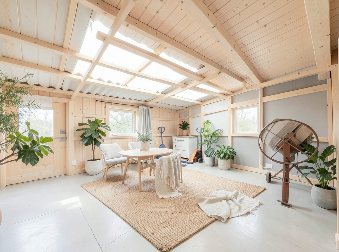Main redesign studio: Redesign this room in a Scandinavian interior style: light oak wood, a white and soft-grey palette, wool and linen textiles, a woven jute rug, leafy p