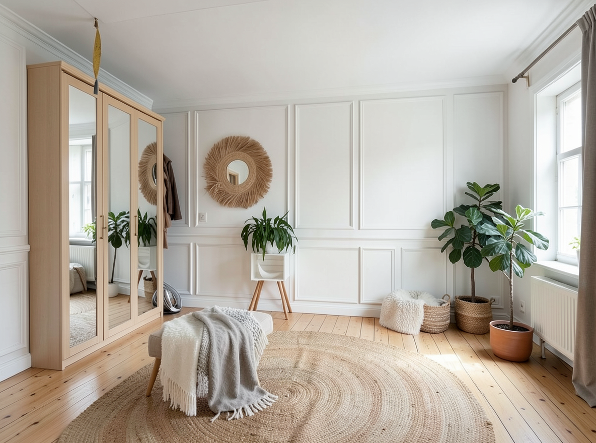 Main redesign studio: Redesign this room in a Scandinavian interior style: light oak wood, a white and soft-grey palette, wool and linen textiles, a woven jute rug, leafy p