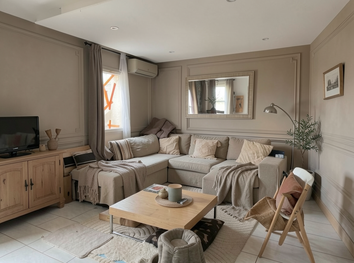 Main redesign studio: Redesign this room in a Japandi interior style: low natural-wood furniture, a muted earthy palette, handcrafted ceramics, linen textiles, soft diffuse