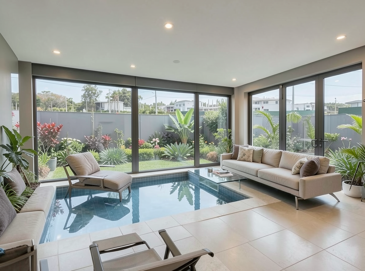 Main redesign studio: Redesign this room in a Modern interior style: clean lines, a neutral palette with bold accents, sleek low-profile furniture, glass and matte-metal su