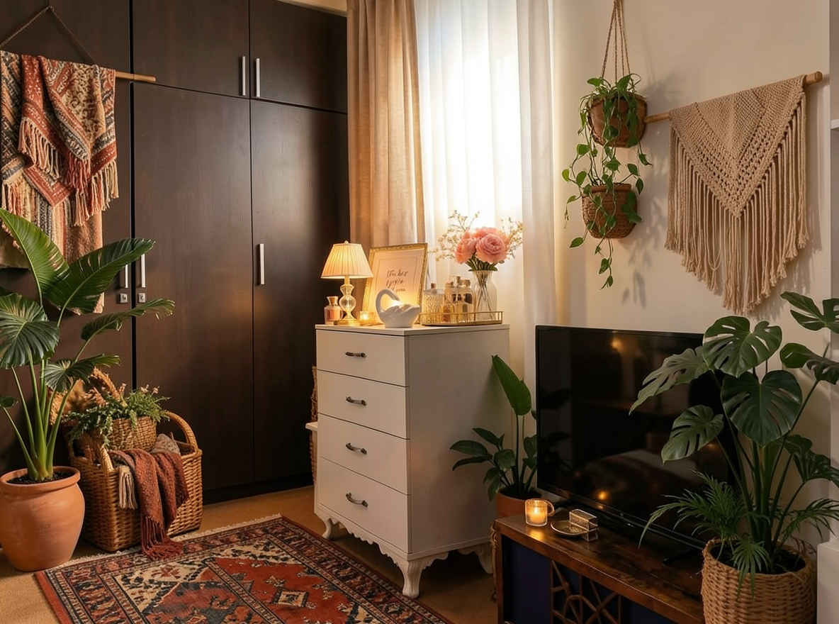 Main redesign studio: Redesign this room in a Boho interior style: layered patterned textiles, rattan and macramé, terracotta and warm earthy tones, abundant plants, vintag
