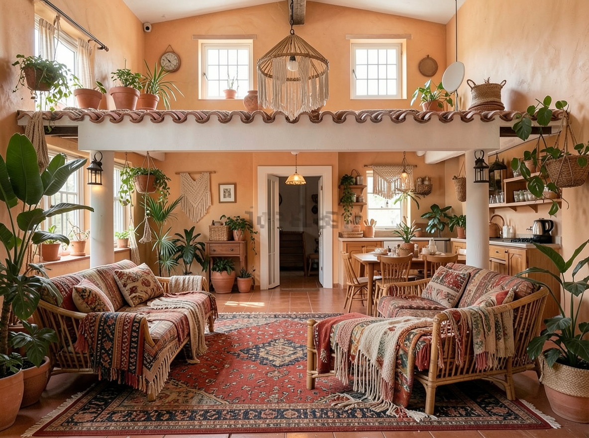 Main redesign studio: Redesign this room in a Boho interior style: layered patterned textiles, rattan and macramé, terracotta and warm earthy tones, abundant plants, vintag
