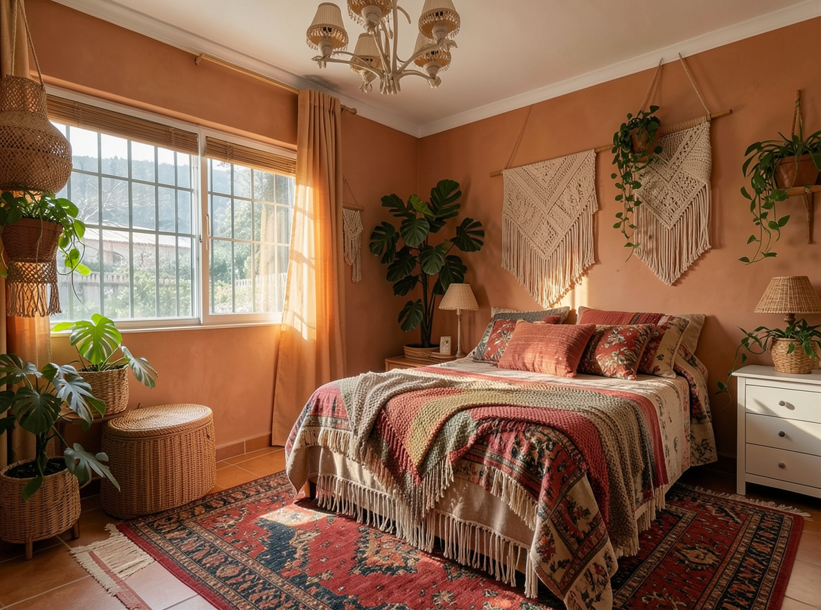 Main redesign studio: Redesign this room in a Boho interior style: layered patterned textiles, rattan and macramé, terracotta and warm earthy tones, abundant plants, vintag