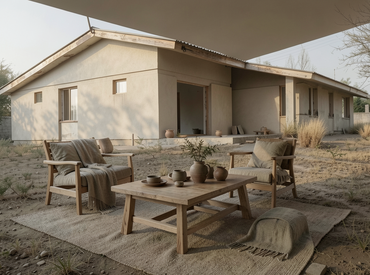 Main redesign studio: Redesign this room in a Japandi interior style: low natural-wood furniture, a muted earthy palette, handcrafted ceramics, linen textiles, soft diffuse
