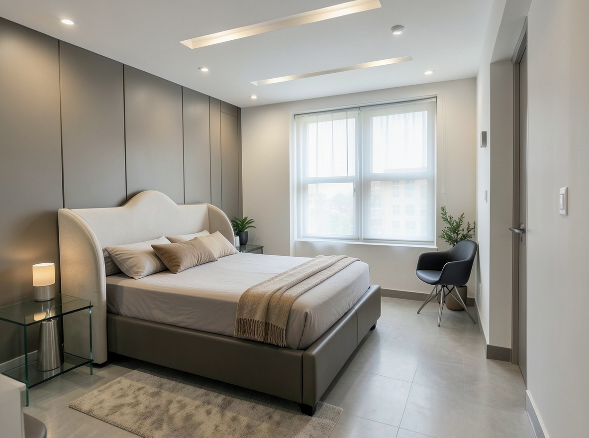 Main redesign studio: Redesign this room in a Modern interior style: clean lines, a neutral palette with bold accents, sleek low-profile furniture, glass and matte-metal su