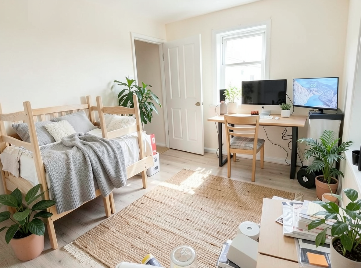 Main redesign studio: Redesign this room in a Scandinavian interior style: light oak wood, a white and soft-grey palette, wool and linen textiles, a woven jute rug, leafy p