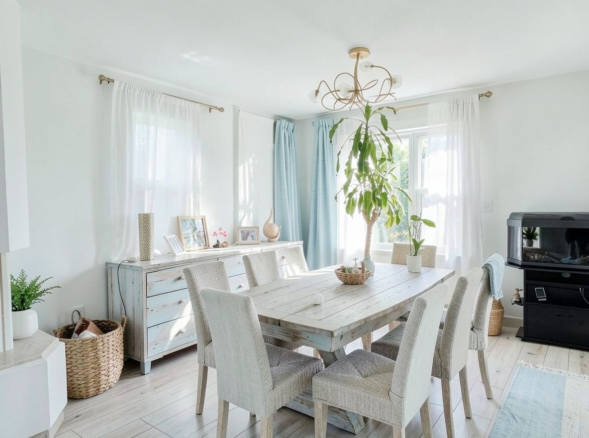 Main redesign studio: Redesign this room in a Coastal interior style: airy whites and soft-blue tones, weathered light wood, natural linen and woven textures, breezy sheer