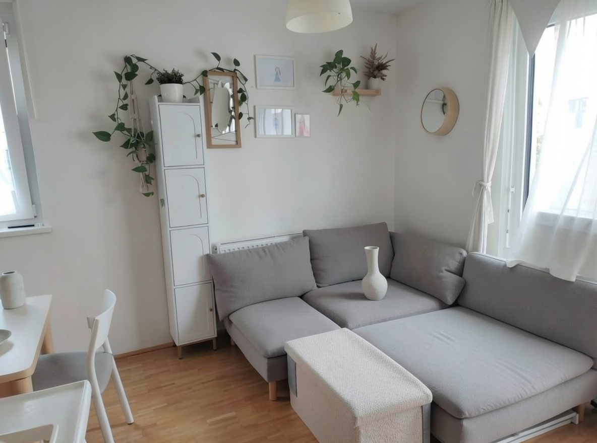 Main redesign studio: Redesign this room in a Minimalist interior style: an uncluttered space, a monochrome neutral palette, a few sculptural pieces, concealed storage, sof