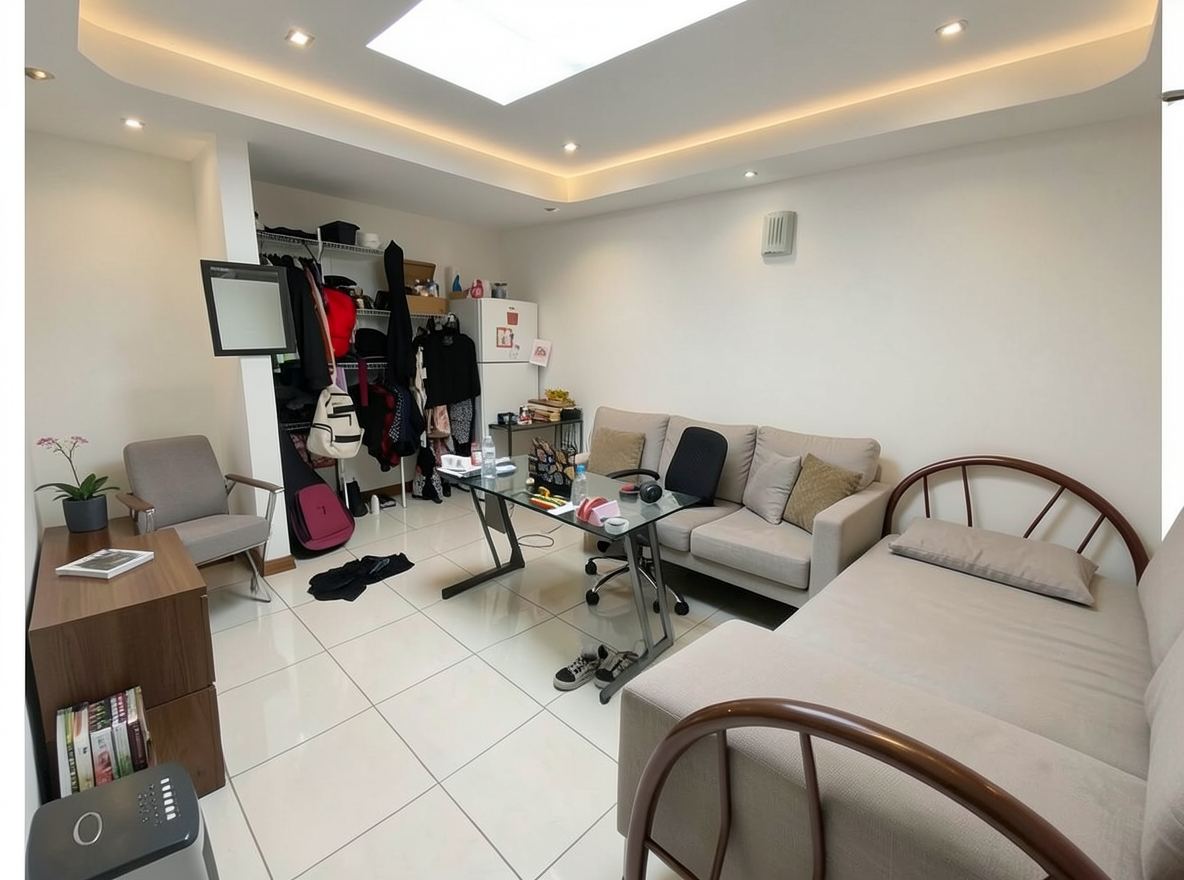 Main redesign studio: Redesign this room in a Modern interior style: clean lines, a neutral palette with bold accents, sleek low-profile furniture, glass and matte-metal su