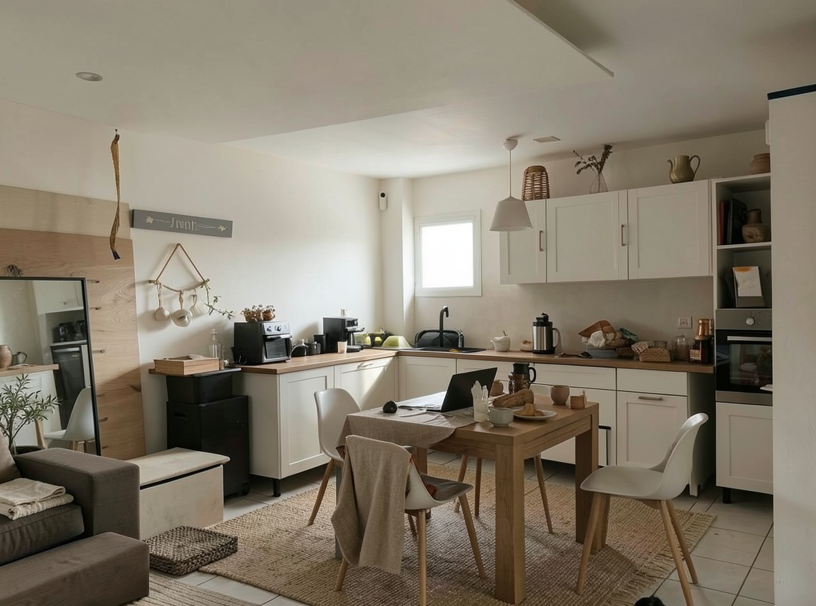 Main redesign studio: Redesign this room in a Japandi interior style: low natural-wood furniture, a muted earthy palette, handcrafted ceramics, linen textiles, soft diffuse