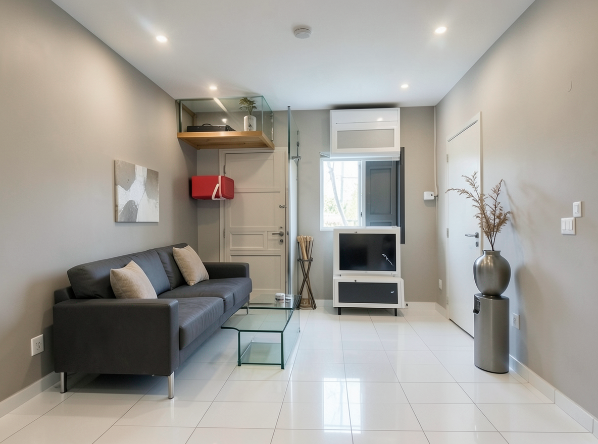 Main redesign studio: Redesign this room in a Modern interior style: clean lines, a neutral palette with bold accents, sleek low-profile furniture, glass and matte-metal su
