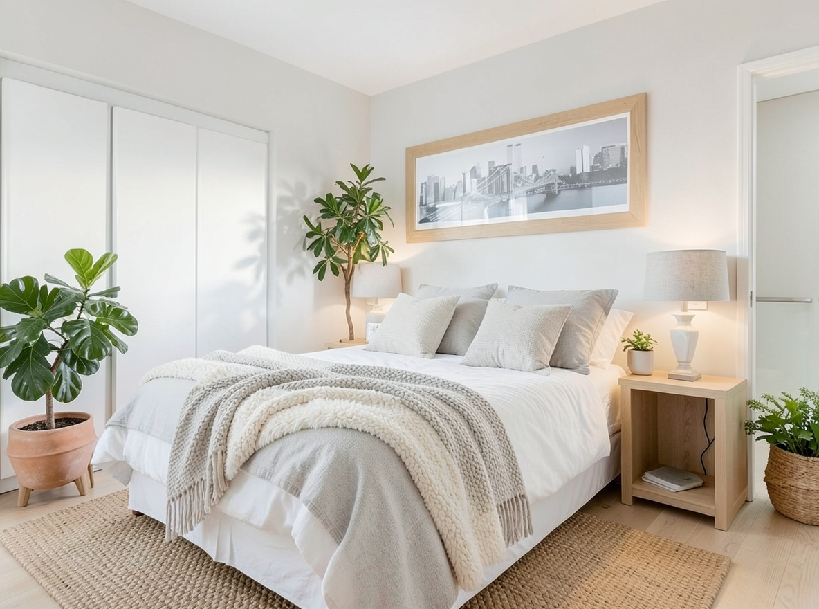 Main redesign studio: Redesign this room in a Scandinavian interior style: light oak wood, a white and soft-grey palette, wool and linen textiles, a woven jute rug, leafy p
