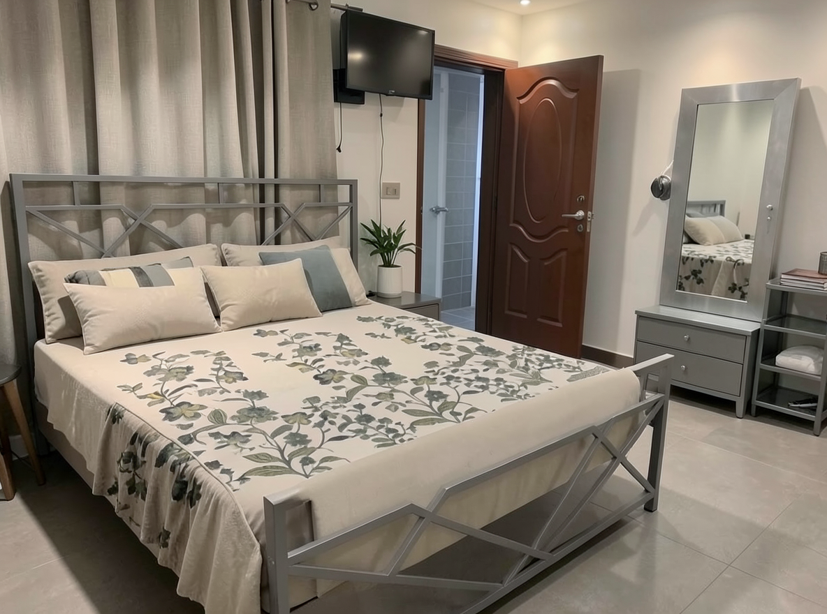 Main redesign studio: Redesign this room in a Modern interior style: clean lines, a neutral palette with bold accents, sleek low-profile furniture, glass and matte-metal su