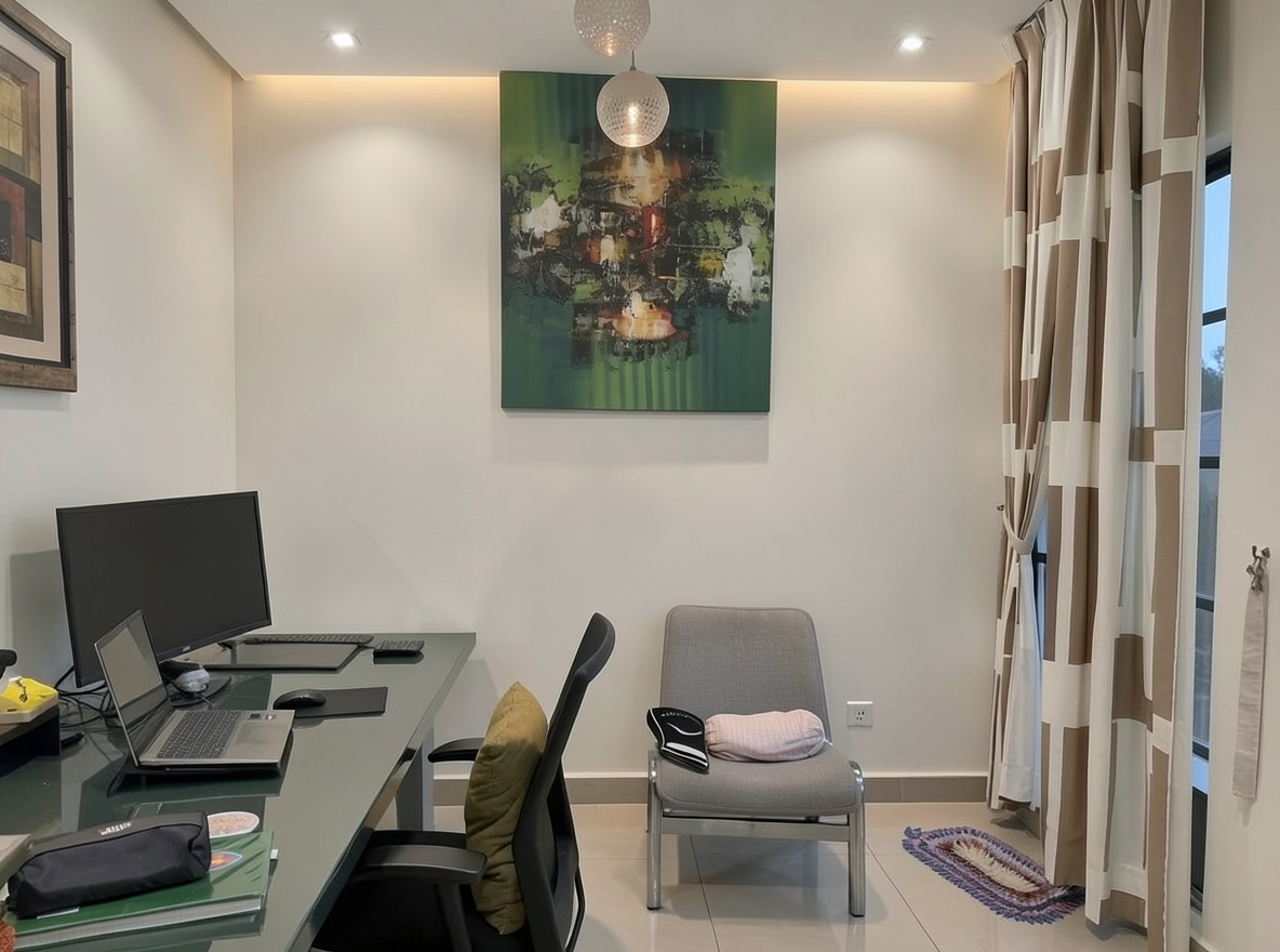 Main redesign studio: Redesign this room in a Modern interior style: clean lines, a neutral palette with bold accents, sleek low-profile furniture, glass and matte-metal su