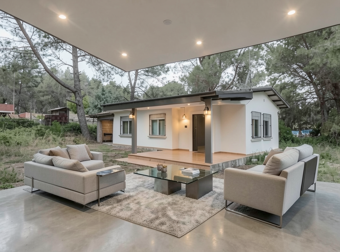 Main redesign studio: Redesign this room in a Modern interior style: clean lines, a neutral palette with bold accents, sleek low-profile furniture, glass and matte-metal su