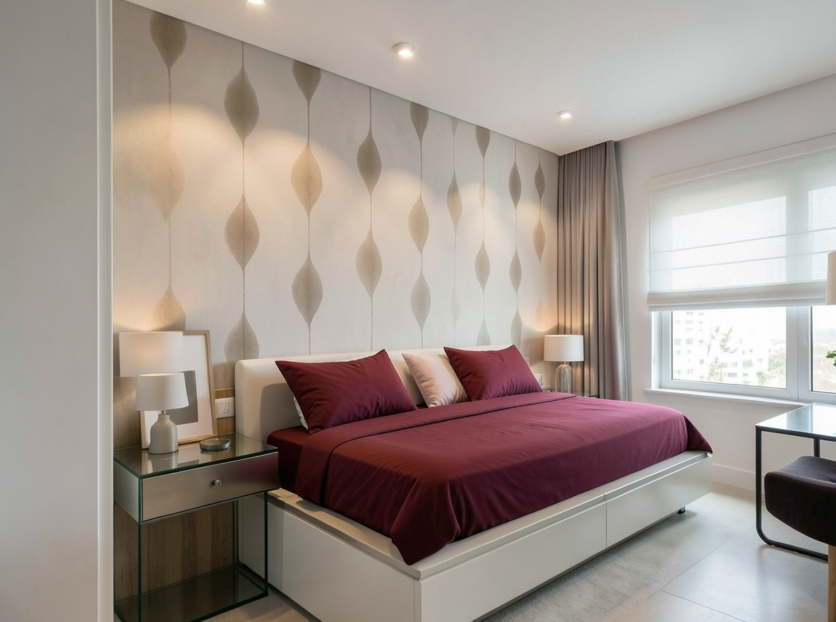 Main redesign studio: Redesign this room in a Modern interior style: clean lines, a neutral palette with bold accents, sleek low-profile furniture, glass and matte-metal su