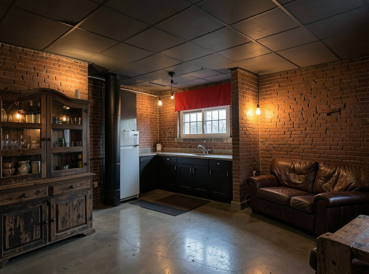 Main redesign studio: Redesign this room in a Industrial interior style: exposed-brick walls, black steel and reclaimed-wood furniture, polished concrete floor, leather acc