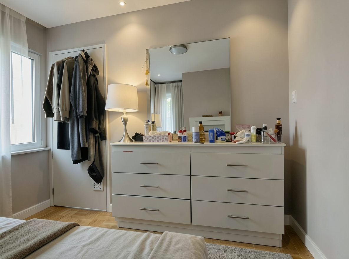 Main redesign studio: Redesign this room in a Modern interior style: clean lines, a neutral palette with bold accents, sleek low-profile furniture, glass and matte-metal su