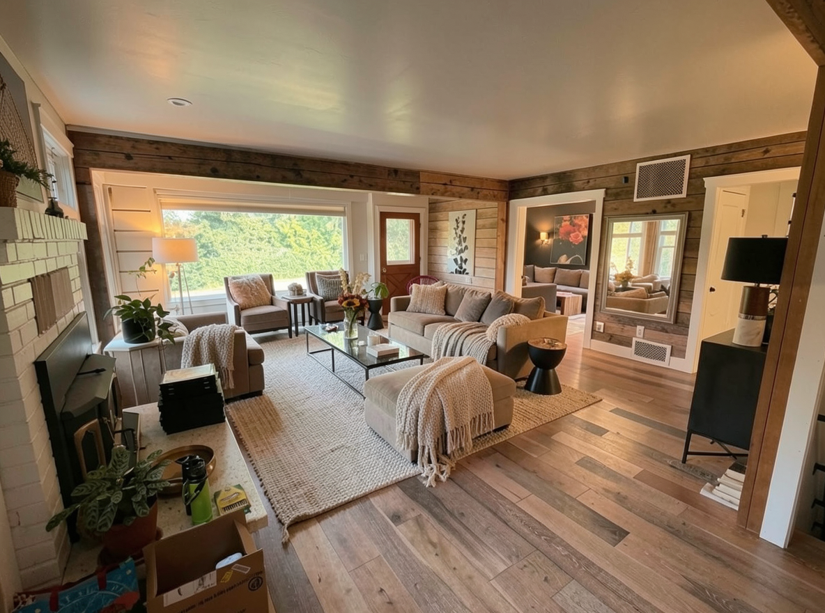 Main redesign studio: Redesign this room in a Farmhouse interior style: shiplap walls, warm reclaimed wood, matte-black fixtures, cozy neutral textiles, vintage accents, so