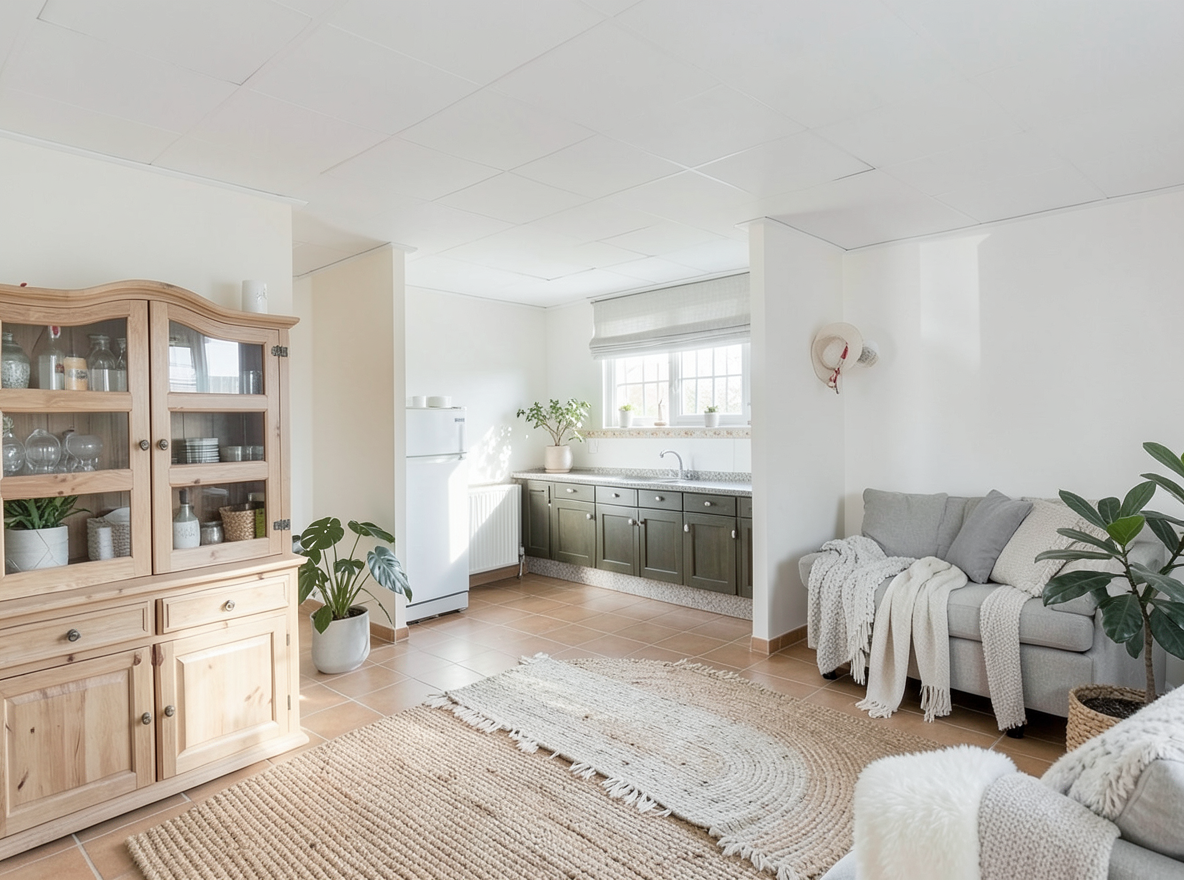 Main redesign studio: Redesign this room in a Scandinavian interior style: light oak wood, a white and soft-grey palette, wool and linen textiles, a woven jute rug, leafy p