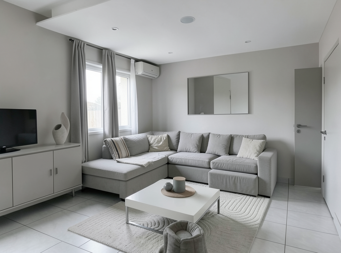 Main redesign studio: Redesign this room in a Minimalist interior style: an uncluttered space, a monochrome neutral palette, a few sculptural pieces, concealed storage, sof