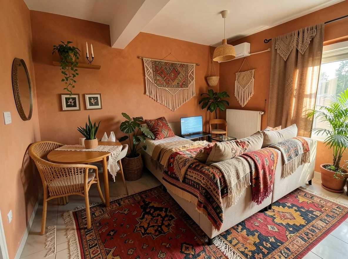 Main redesign studio: Redesign this room in a Boho interior style: layered patterned textiles, rattan and macramé, terracotta and warm earthy tones, abundant plants, vintag